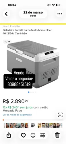 Térmica/Geladeira portátil barco motorhomer Elber 40l12/24v caminhão