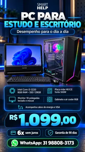 PC completo para estudos e escritório | i3, 8GB, SSD e monitor