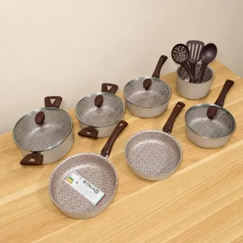 Conjunto de Panelas D'Itália Prime de 10 Peças Antiaderente, em Alumínio e Cor Bege