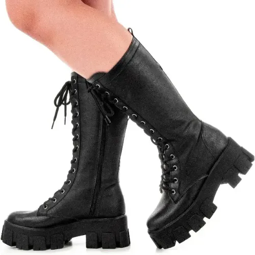 Bota Feminina Coturno Cano Longo Ajustável Com Zíper Moda