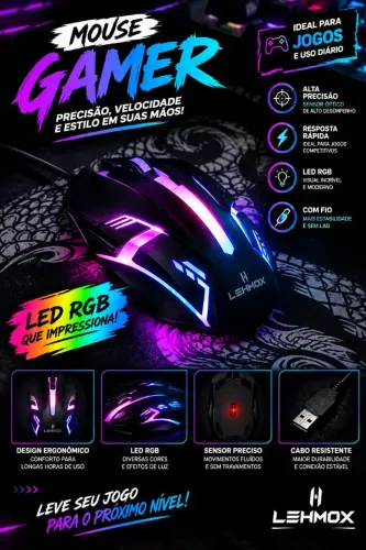 Mouse Gamer LEHMOX RGB com Fio Precisão, Velocidade e Muito Estilo!