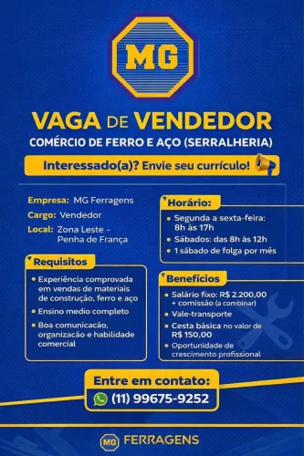 VAGA PARA VENDEDOR PARA COMERCIO DE FERRO E AÇO.