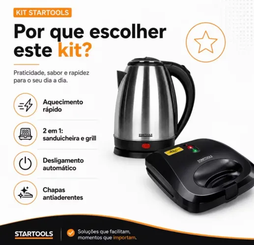 Startools KIt Chaleira Eletrica em Aço Inox e Sanduicheira Grill 2 em 1