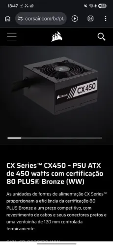Fonte Corsair 450W 80 Plus Bronze CX450 - CP-9020120-BR