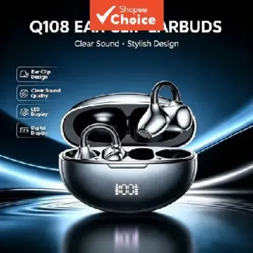 Fone Q108 Ear Clip Earbuds Bluetooth 5.3 Open Ear Som Nítido Display LED Digital Original