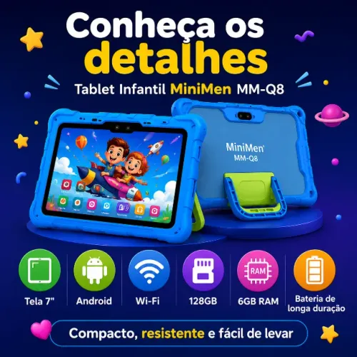 Tablet Infantil 7 Pol Android Wi-Fi 128GB 6GB RAM MiniMen MM-Q8