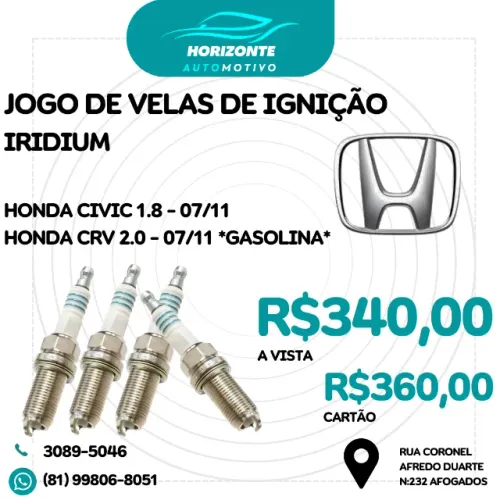 jogo de velas de ignição iridium Civic 1.8 07/11 CRV 2.0 07/11 *gasolina*