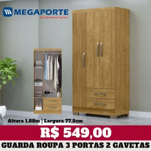 Guarda Roupa Solteiro 3 Portas 2 Gavetas com Pés (Novo) Entrega Grátis! 