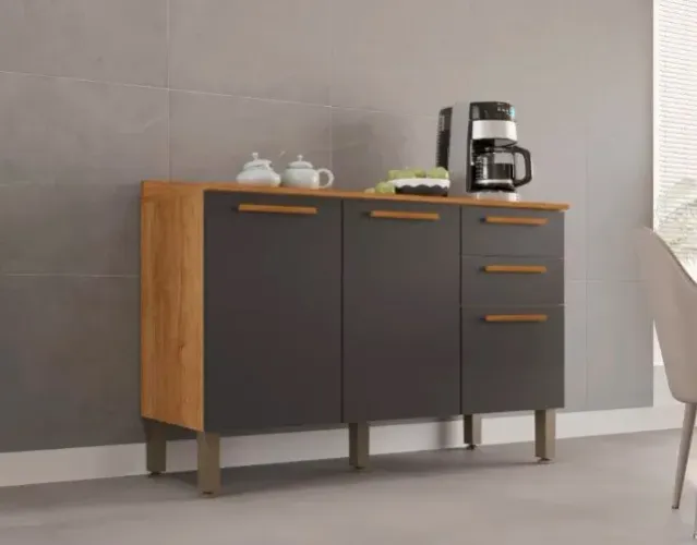 Balcão Cozinha Valencia 3Pts 2Gvs Cinamomo.Preto Salleto - Entrega Rápida!