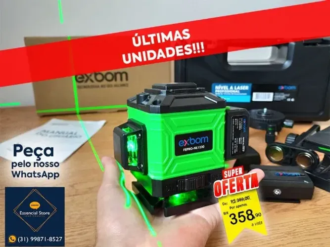 Nível Laser Verde 12 Linhas 2 Baterias Recarregável c/ Controle +Tripé +Maleta - Exbom