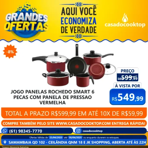 JOGO PANELAS ROCHEDO SMART 6 PECAS COM PANELA DE PRESSAO VERMELHA
