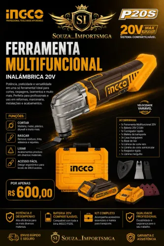 Este é um kit de multiferramenta oscilante sem fio da marca Ingco, modelo CMLI20228-9, 