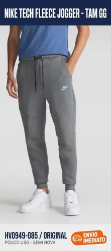 Vendo Calça Nike tech Fleece jogger cinza chumbo com logo azul claro!