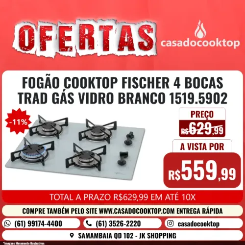 FOGÃO COOKTOP FISCHER 4 BOCAS TRAD GÁS VIDRO BRANCO 1519.5902 