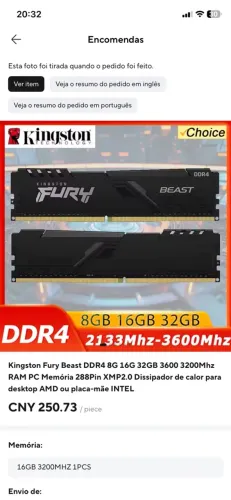 Memória Ram Kingston Fury 8Gb
