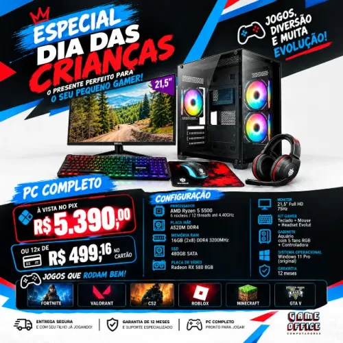 PC Gamer Completo Pronto para uso - Ryzen 5 5500, RX 580 8gb, SSD 480gb, 16gb ram - Novo