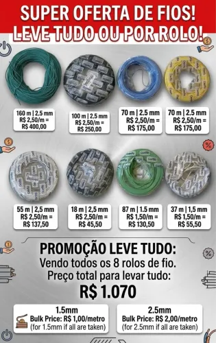 Fios Elétricos 2,5mm e 1,5mm - Leve Tudo por R$ 1.070 ou por Rolo