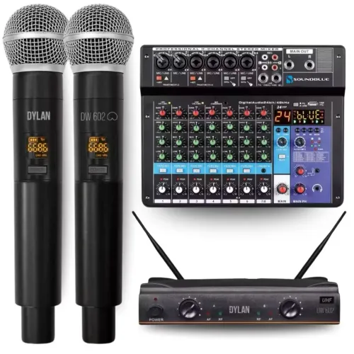 Promoção! Microfone Duplo Dylan Sem Fio Com Maleta + Mesa de Som 8 Canais Bluetooth