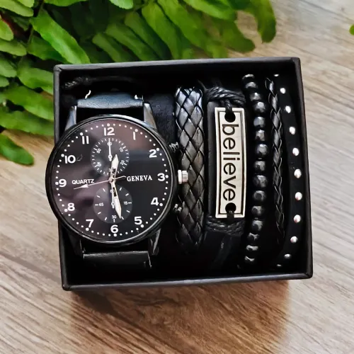 Kit Relógio Masculino Geneva preto + Pulseiras
