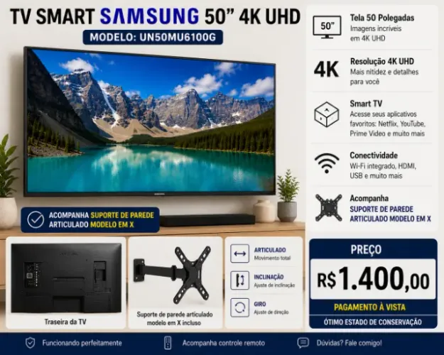 Samsung Smart TV 50" 4K UHD + Suporte Articulado