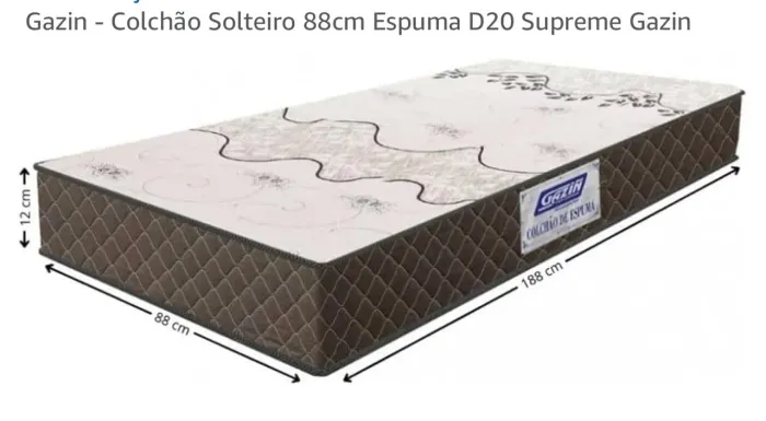 NOVO Colchão Solteiro Padrão Gazin 88cm D20