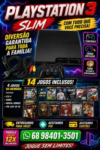 Playstation 3 ótimo com 1 controle e 14 jogos, aceitamos Pix e parcelamos nos cartões 