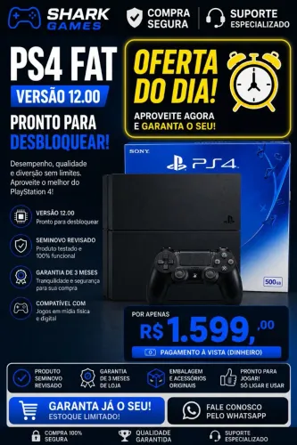PS4 Desbloqueável Versão 12.00 - (3 Meses de Garantia de Loja)