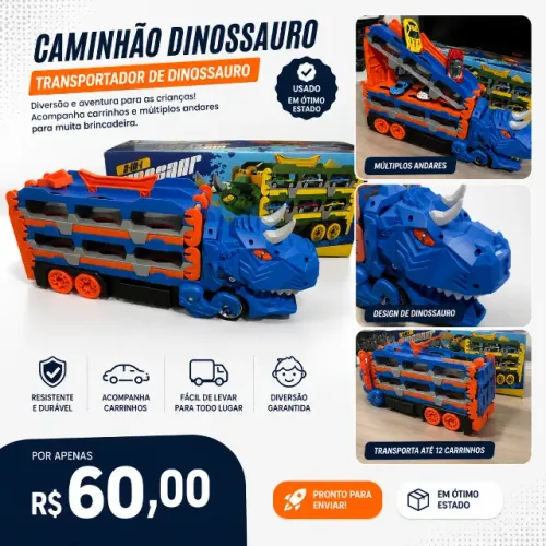 Brinquedo: Caminhão Dinossauro 2 em 1 com Pista e Lançador + 4 Carrinhos Coloridos Dino Tr