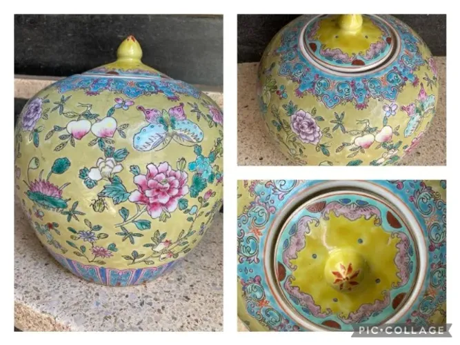 Antiguidade - Potiche chinês antigo em cerâmica Amarelo da China, tamanho médio, anos 1970