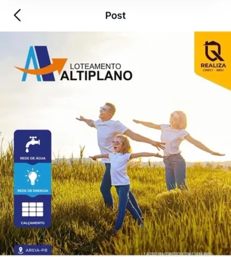 Terreno a venda no loteamento Altiplano - Areia