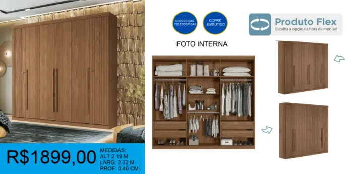 Guarda roupa casal grande com detalhe ripado - montagem gratuita