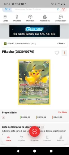 Carta do Pikachu ORIGINAL GG30/GG70