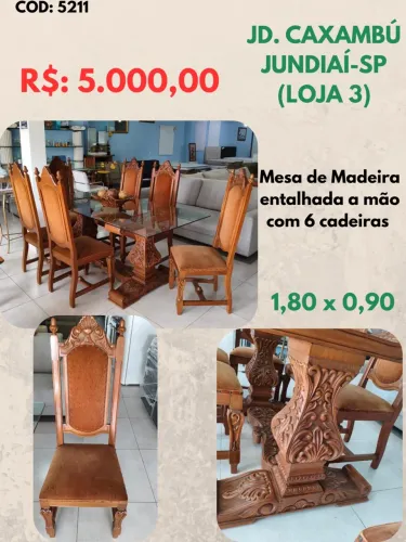 Mesa com base de Madeira entalhada a mão c/ 6 cadeiras