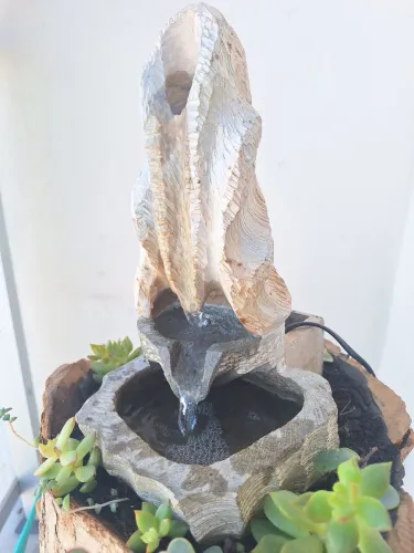 Fonte de Pedra Sabão + Tronco Natural e Suculentas
