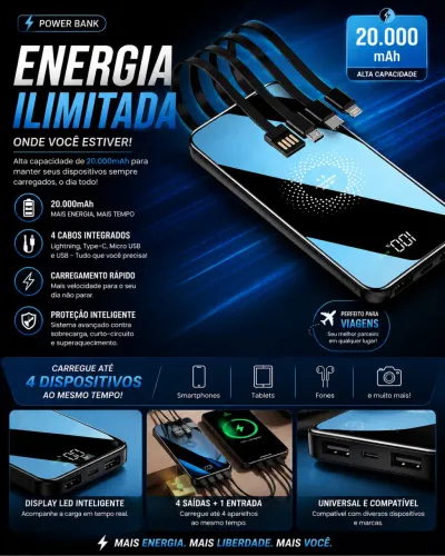 ? Power Bank 20.000mAh | 4 Cabos Integrados ? Carga Rápida ? Alta Capacidade ?