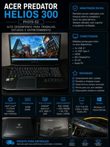 Vendo notebook Acer Predator Helios 300, i7, 32GB RAM, GTX 1660 Ti 6GB, SSD + HD