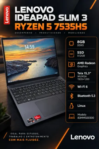 Notebook Lenovo IdeaPad Slim 3 AMD Ryzen 5 7535HS 8GB 512GB WIN