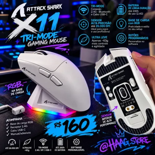 Mouse Gamer Attack Shark X11 22K DPI Tri-Mode 1000Hz 63g Dock RGB Magnético PAW3311