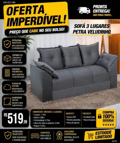 Sofá 3 lugares Veludinho (Pague na entrega)