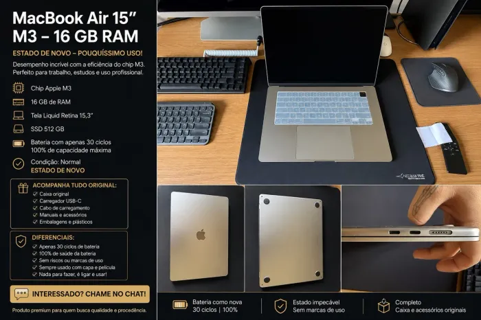 MacBook Air M3 15? 16GB/512GB - 30 Ciclos 100% Bateria