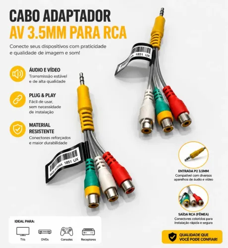 Cabo Adaptador P3 RCA Smart TV Samsung Original 