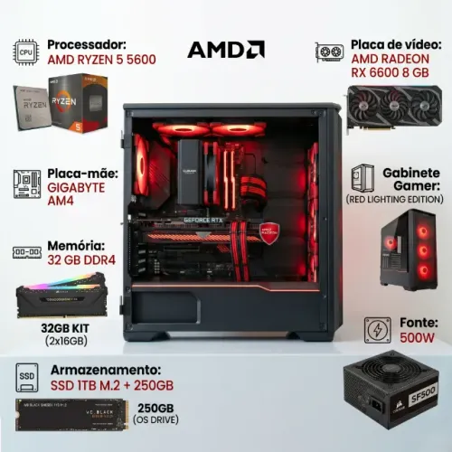 Computador AMD Ryzen 5 5600, 32 GB ram, placa de vídeo AMD Radeon RX 6600