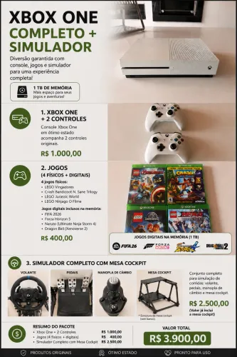 Xbox One 1TB + 2 Controles + Jogos + Simulador Logitech Completo