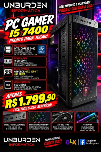 PC Gamer TOP i5 7400 16gb ddr4 GTX 1050ti 4gb SSD HDD