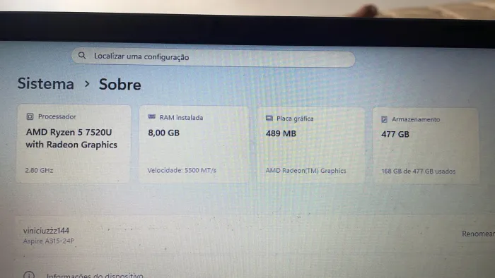 Vendo Notebook acer ryzen 5 7520U?4/ 8gb de RAM/ 512GB DE SSD