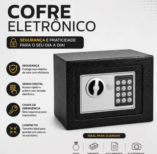 Mini Cofre Eletrônico com Senha Digital<br>- Cofre de Aço