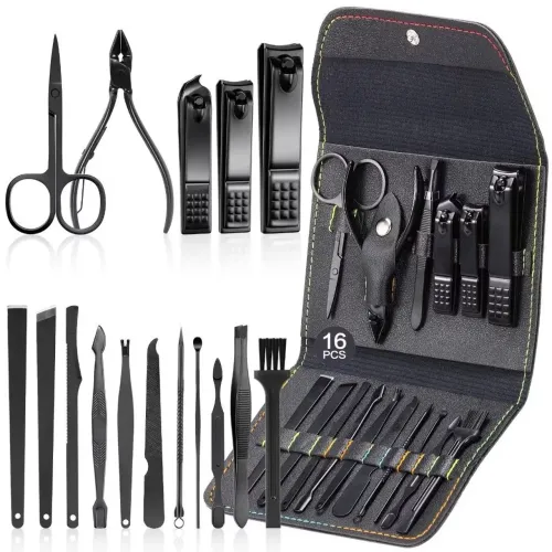 Kit cortador de unhas 16 peças com bolsa de couro