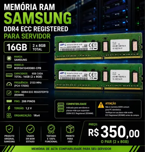 MEMÓRIA RAM SAMSUNG DDR4 ECC REGISTERED - 16GB (2x8GB)