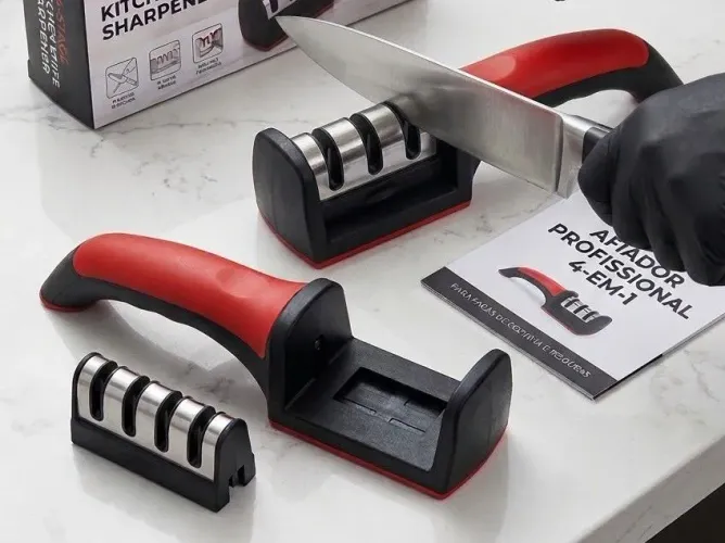 Chega de Facas Cegas! Afiador Profissional 4 Estágios com Cabo Ergonômico