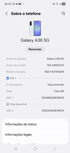 Samsung galaxy a 36 5G pouco tempo de uso primeira dona